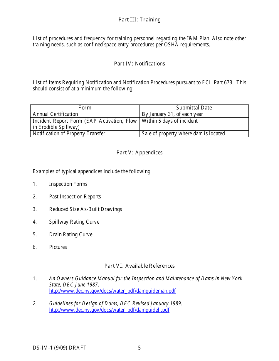 Form DS-IM-1 A Template for an Inspection and Maintenance Plan for Dams - New York, Page 5