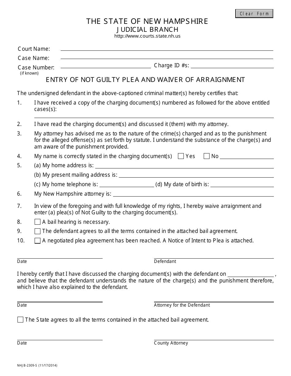 Form NHJB-2309-S Entry of Not Guilty Plea and Waiver of Arraignment - New Hampshire, Page 1