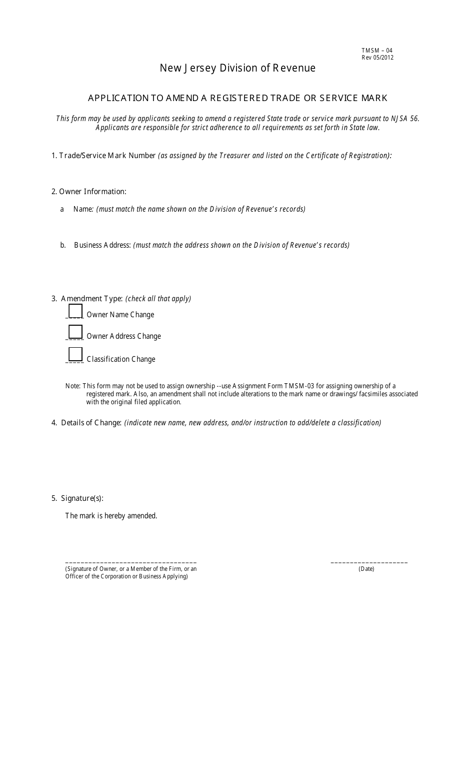 Form TMSM-04 Application to Amend a Registered Trade or Service Mark - New Jersey, Page 1