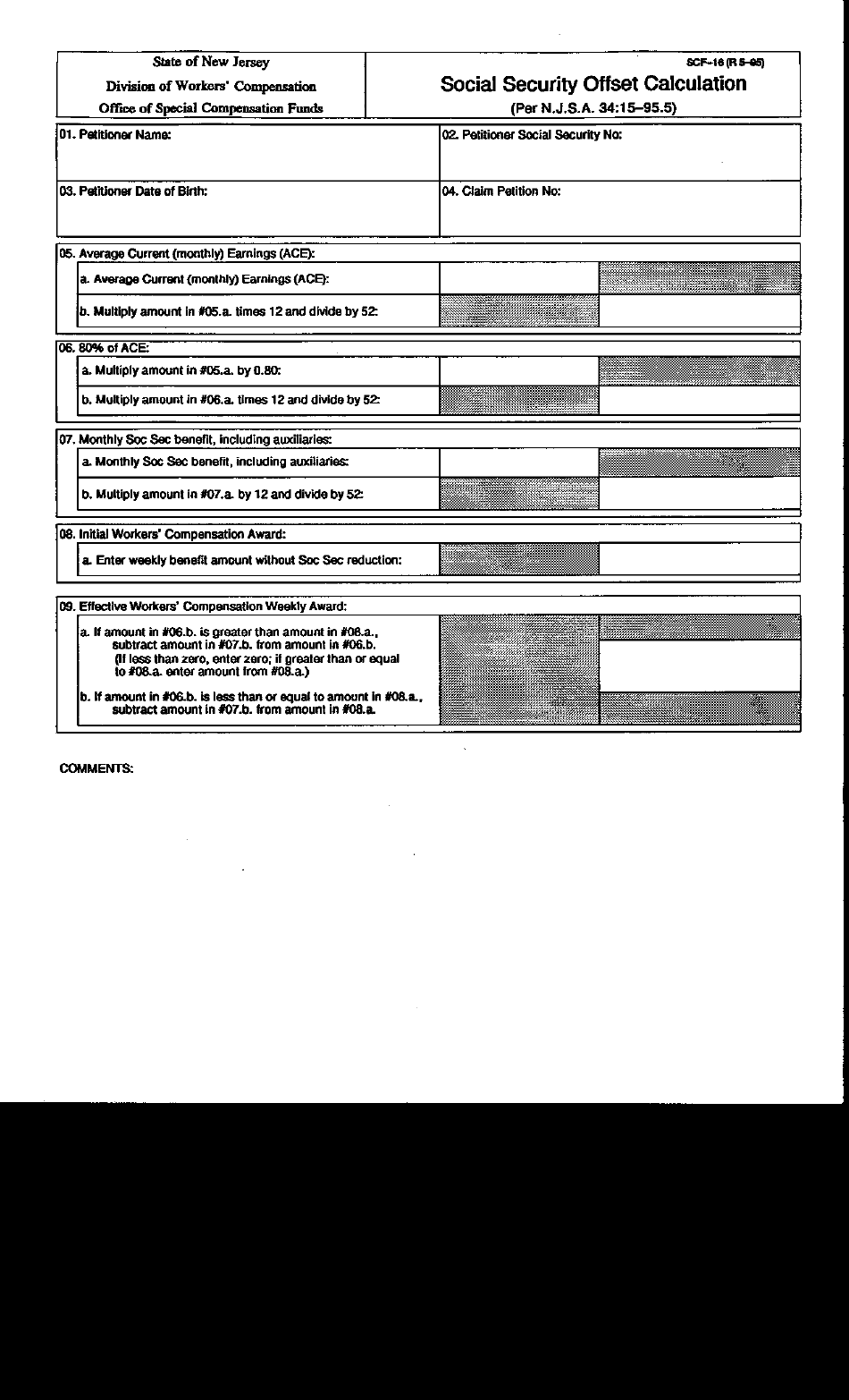 Form SCF-16 Social Security Offset Calculation - New Jersey, Page 1