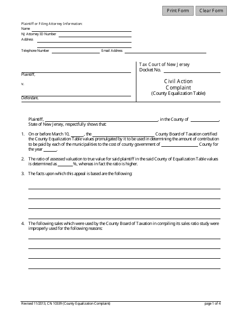 Form 10339 County Equalization Complaint - New Jersey