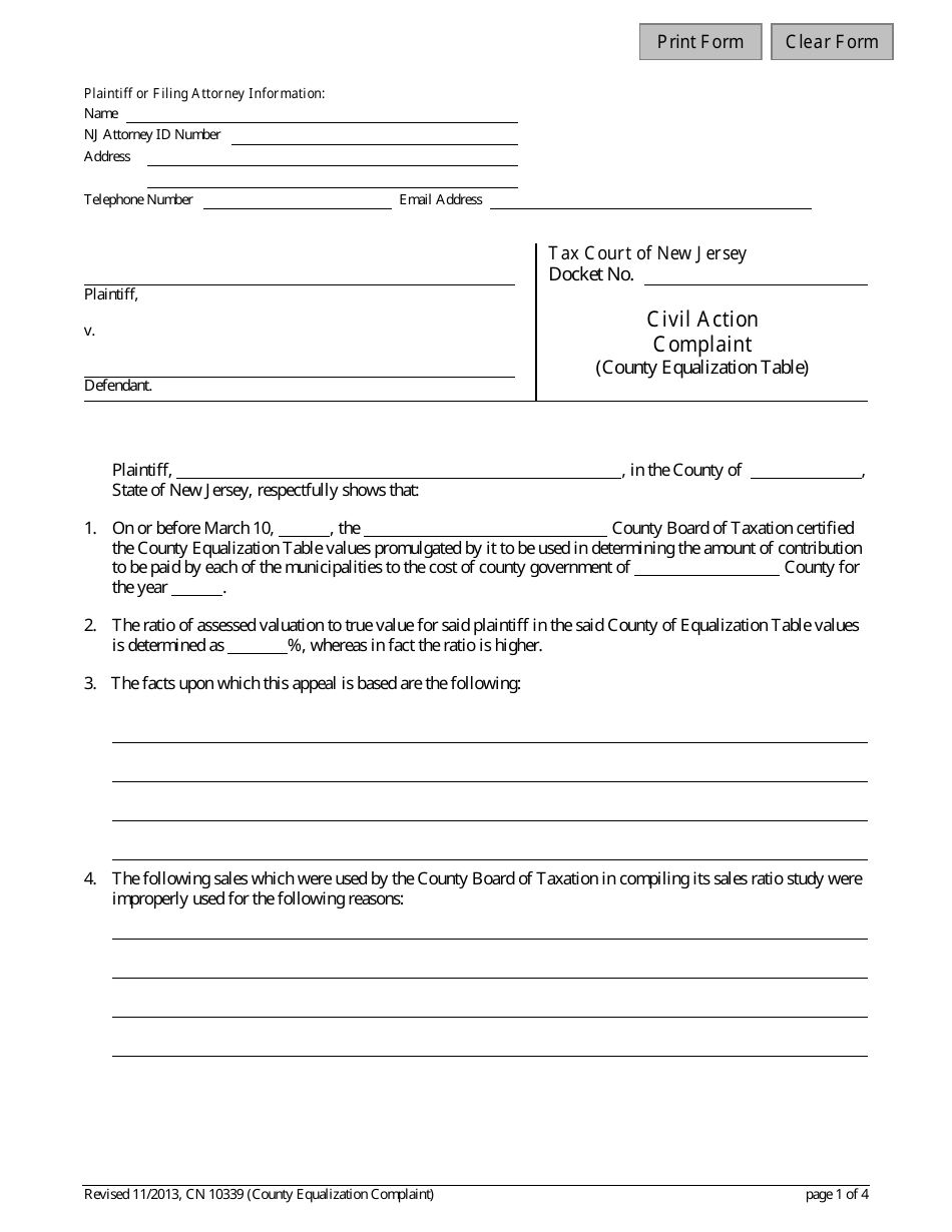 Form 10339 County Equalization Complaint - New Jersey, Page 1