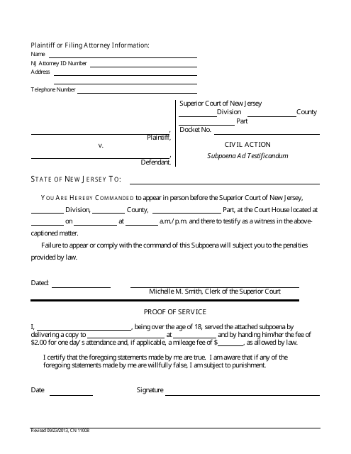 Form 11008 Subpoena Ad Testificandum - New Jersey