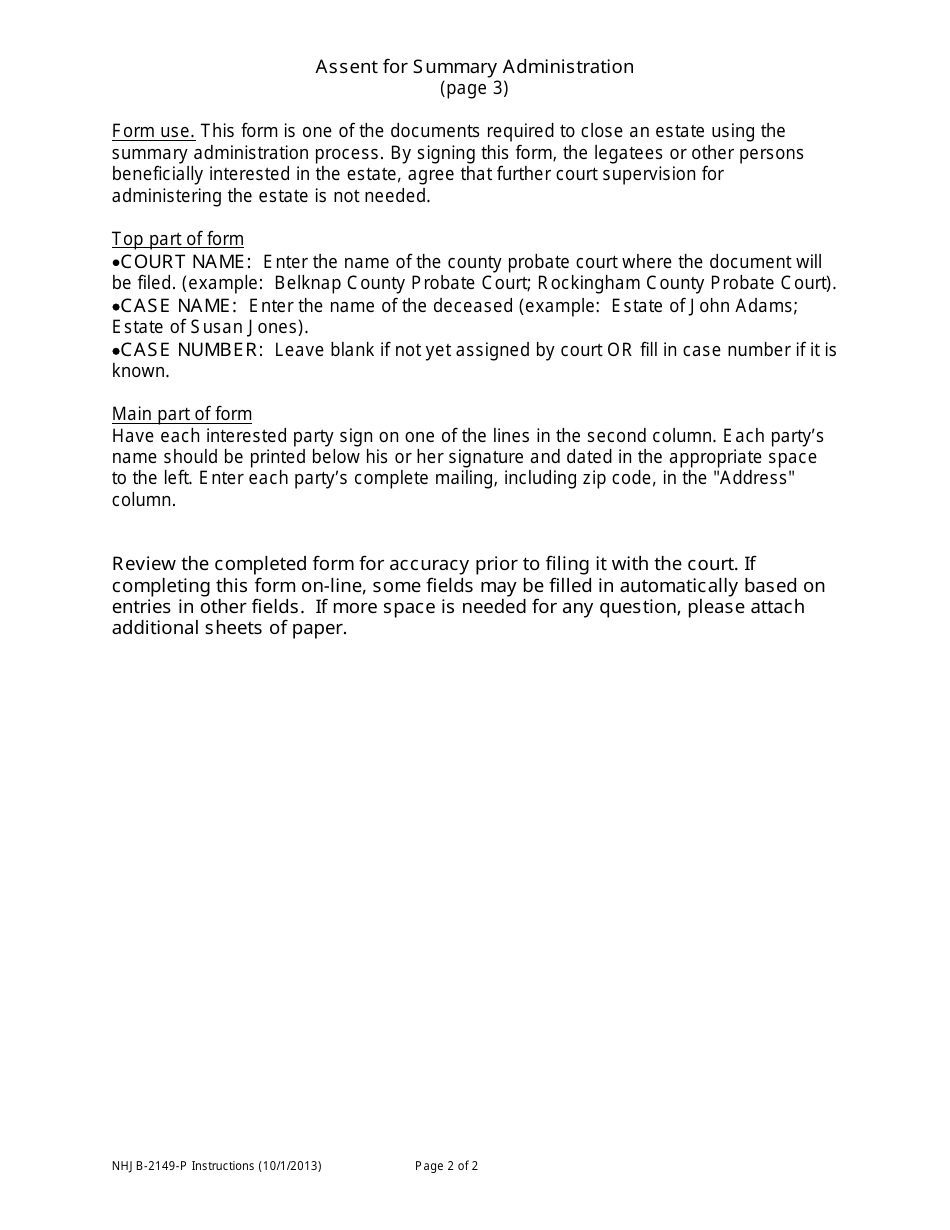 Instructions for Form NHJB-2149-P Motion for Summary Administration and Assent - New Hampshire, Page 2