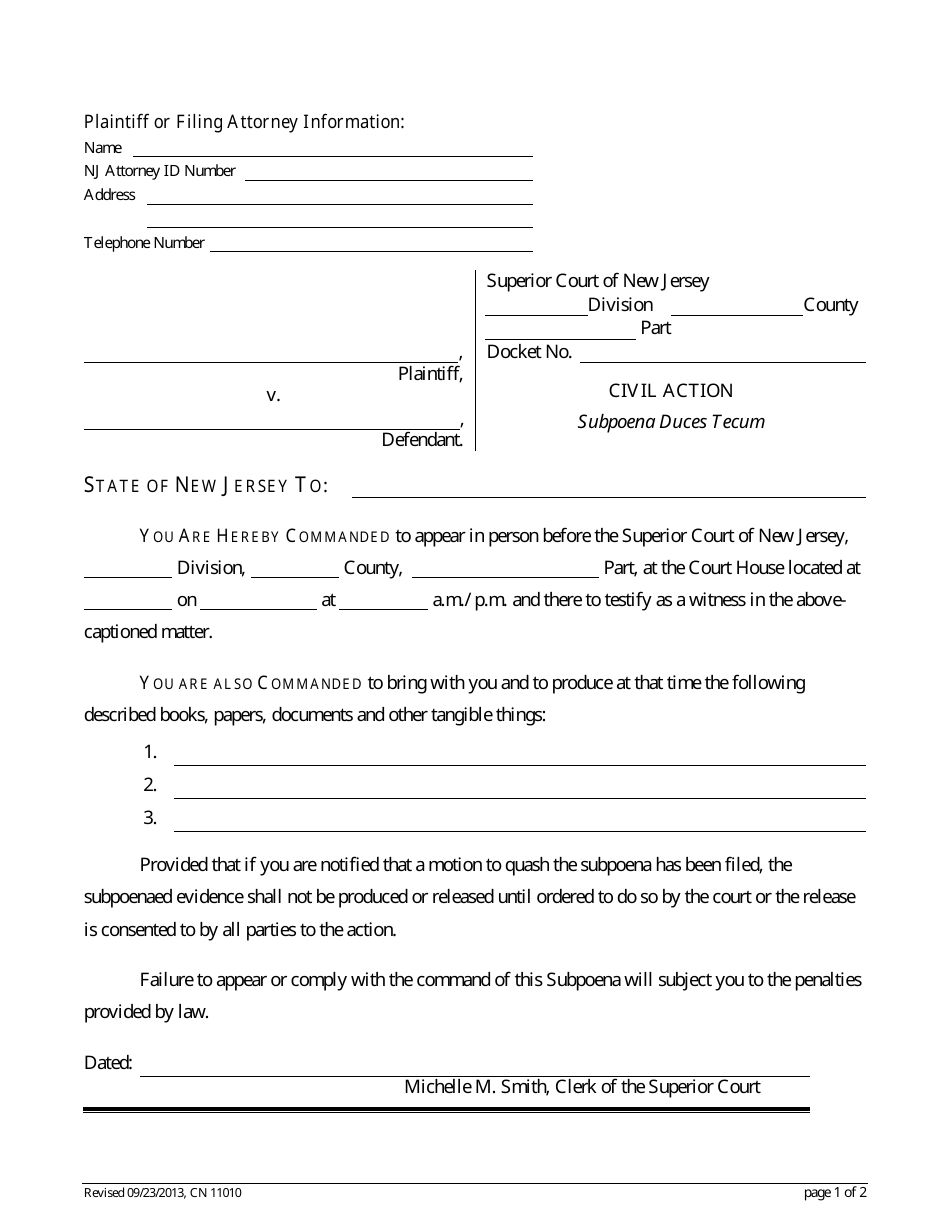 Form 11010 Subpoena Duces Tecum - New Jersey, Page 1