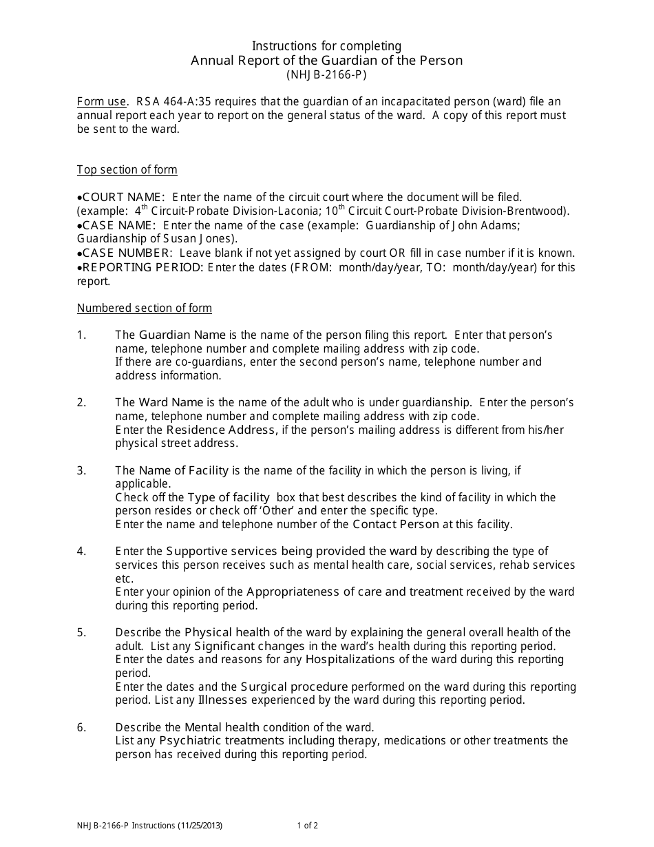 Instructions for Form NHJB-2166-P Annual Report of the Guardian of the Person - New Hampshire, Page 1