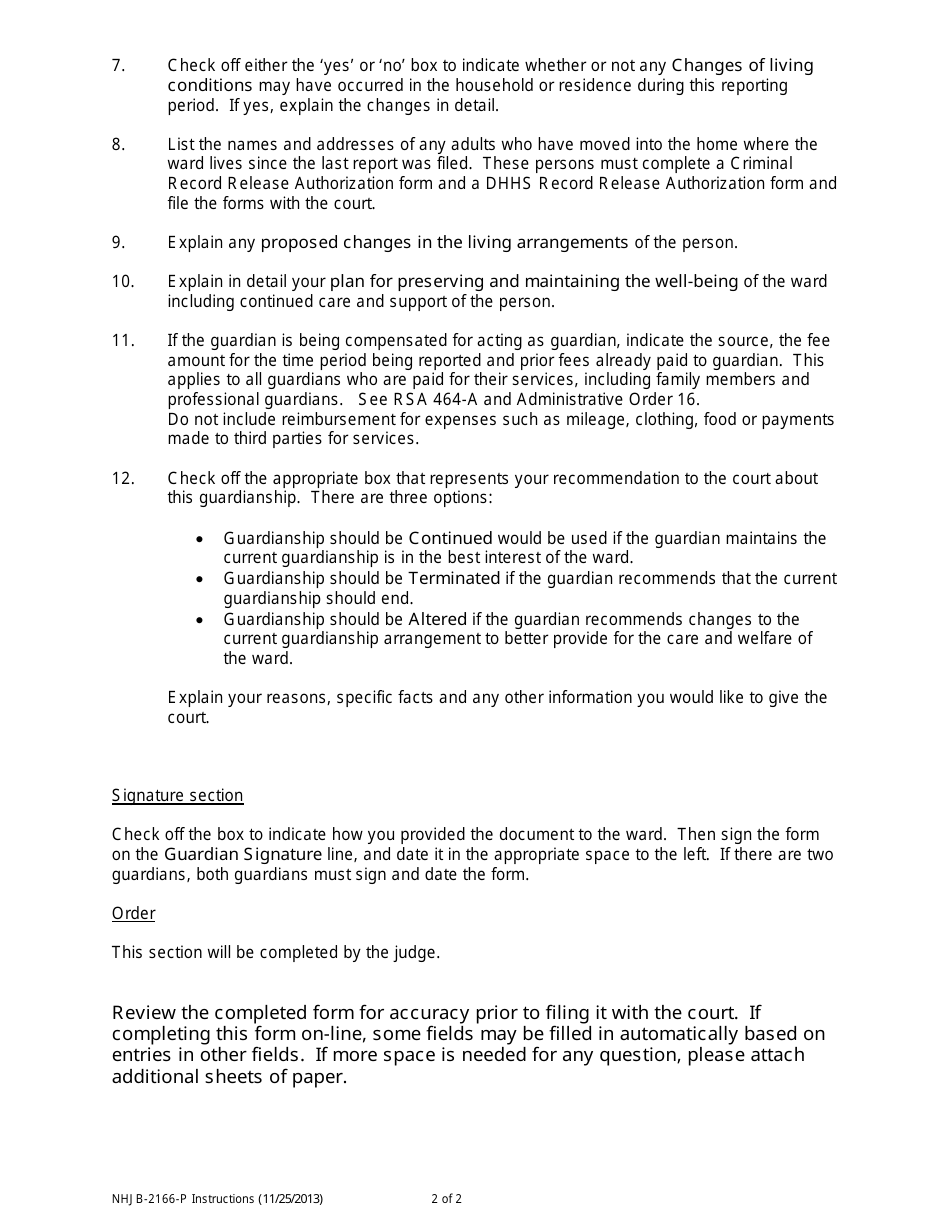 Instructions for Form NHJB-2166-P Annual Report of the Guardian of the Person - New Hampshire, Page 2