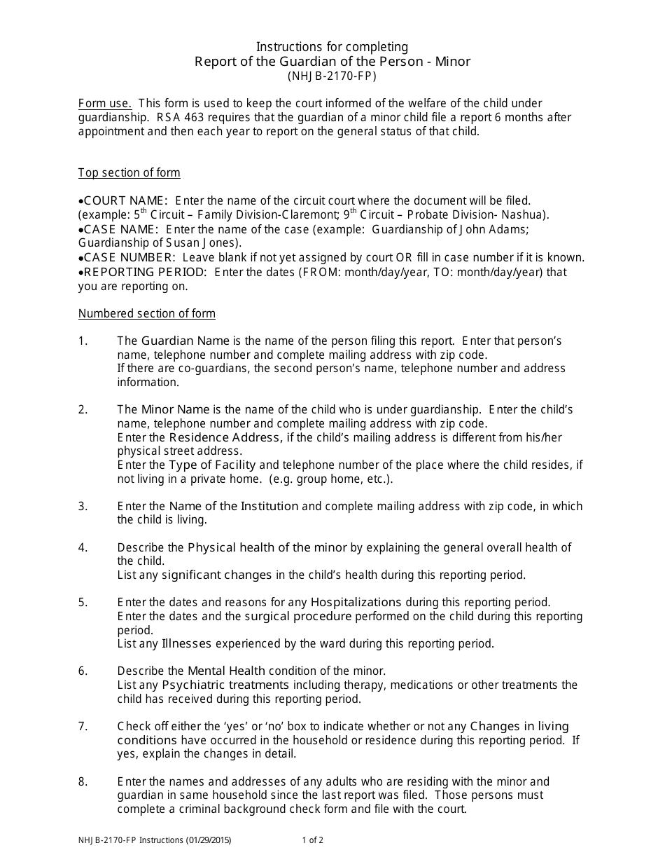Instructions for Form NHJB-2170-FP Report of the Guardian of the Person - Minor - New Hampshire, Page 1