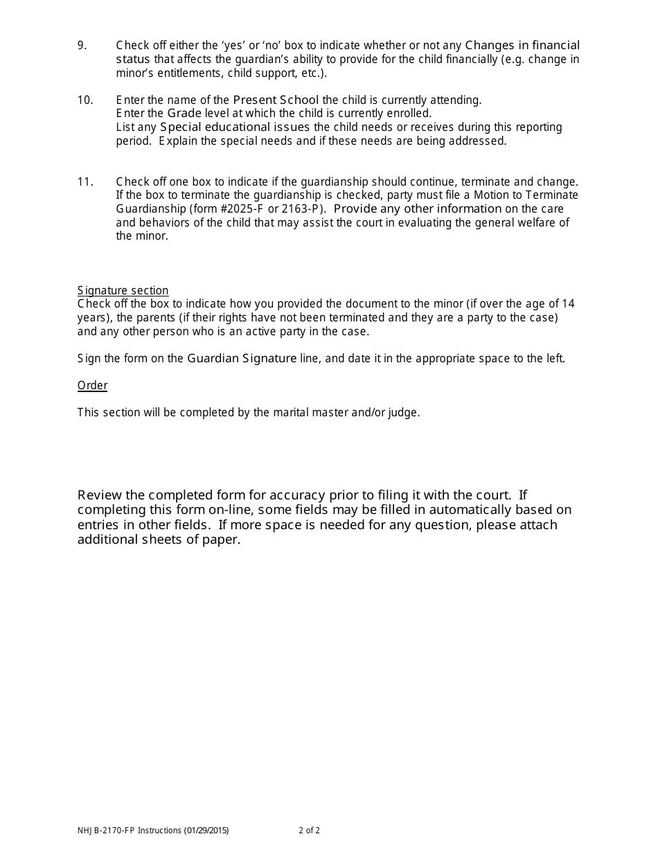 Instructions for Form NHJB-2170-FP Report of the Guardian of the Person - Minor - New Hampshire, Page 2