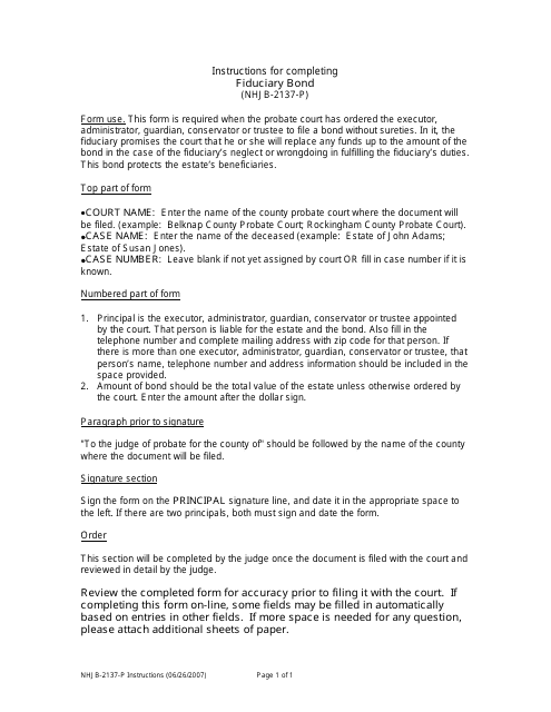 Instructions for Form NHJB-2137-P Fiduciary Bond - New Hampshire