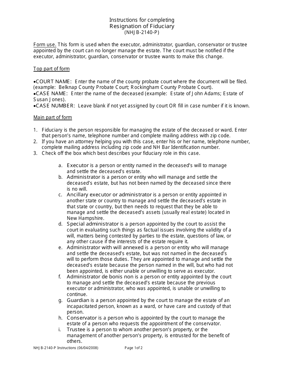 Instructions for Form NHJB-2140-P Resignation of Fiduciary - New Hampshire, Page 1