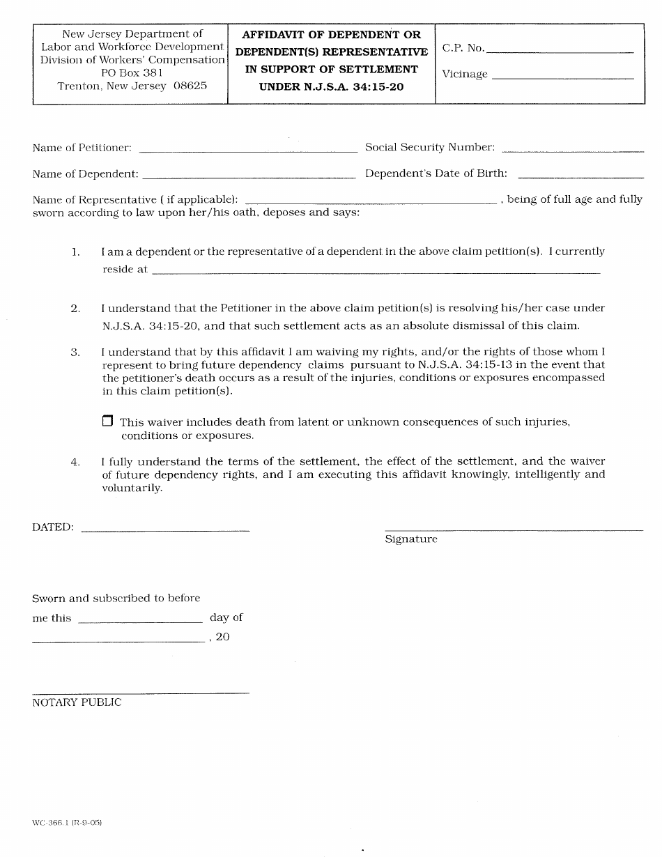 Form WC-366.1 Affidavit of Dependent or Dependent(s) Representative in Support of Settlement Under N.j.s.a. 34:15-20 - New Jersey, Page 1