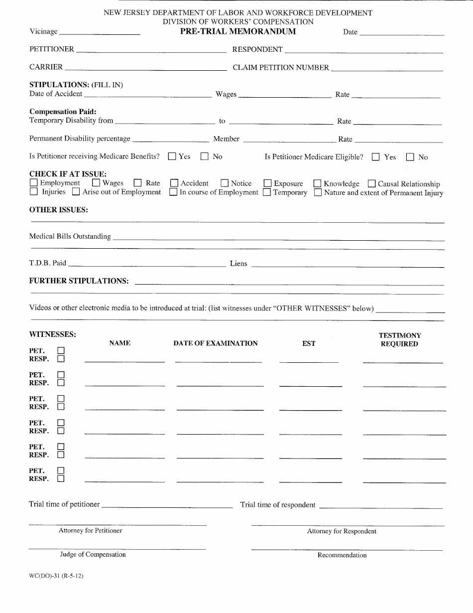 Form WC-31 Pre-trial Memorandum - New Jersey, Page 1