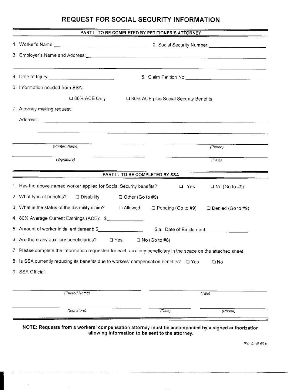 Form WC-124 Request for Social Security Information - New Jersey, Page 1