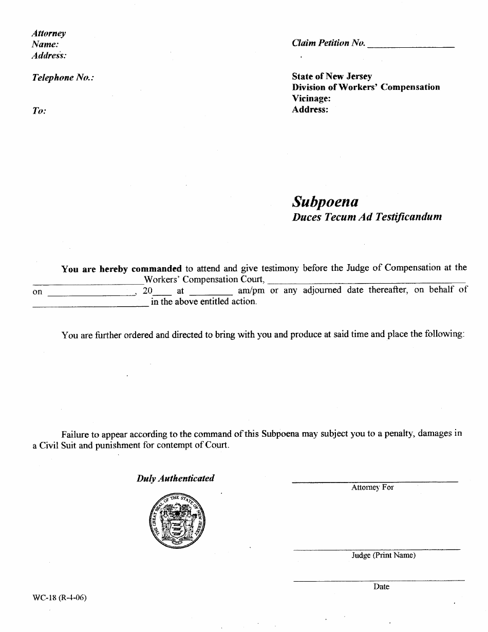 Form WC-18 Subpoena Duces Tecum Ad Testificandum - New Jersey, Page 1
