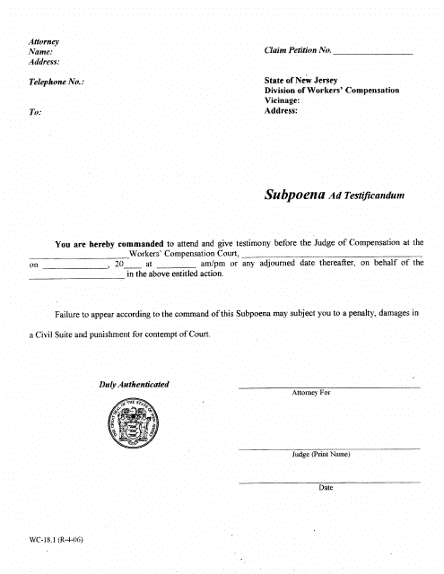 Form WC-18.1 Subpoena Ad Testificandum - New Jersey