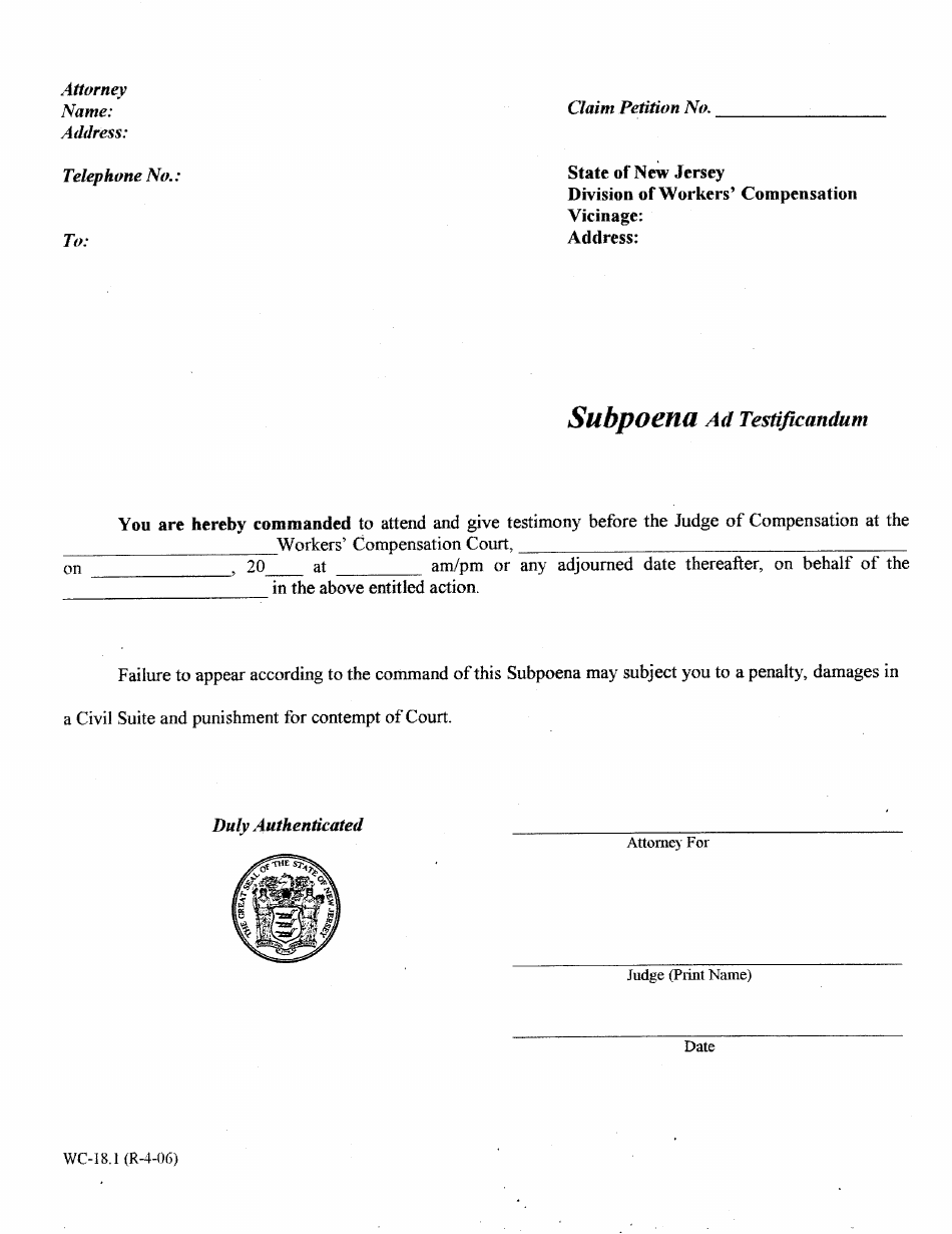 Form WC-18.1 Subpoena Ad Testificandum - New Jersey, Page 1