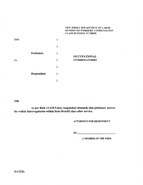 Form WC-23 Standard Respondent's Occupational Interrogatory Form - New Jersey