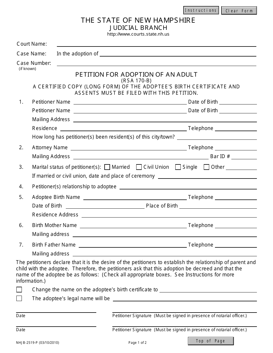 Form NHJB-2519-P Petition for Adoption of Adult - New Hampshire, Page 1