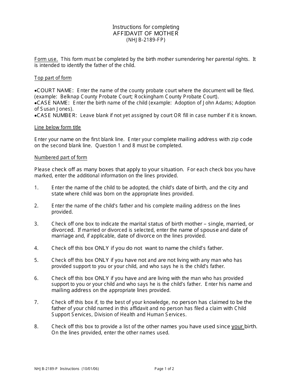 Instructions for Form NHJB-2189-FP Affidavit of Mother - New Hampshire, Page 1