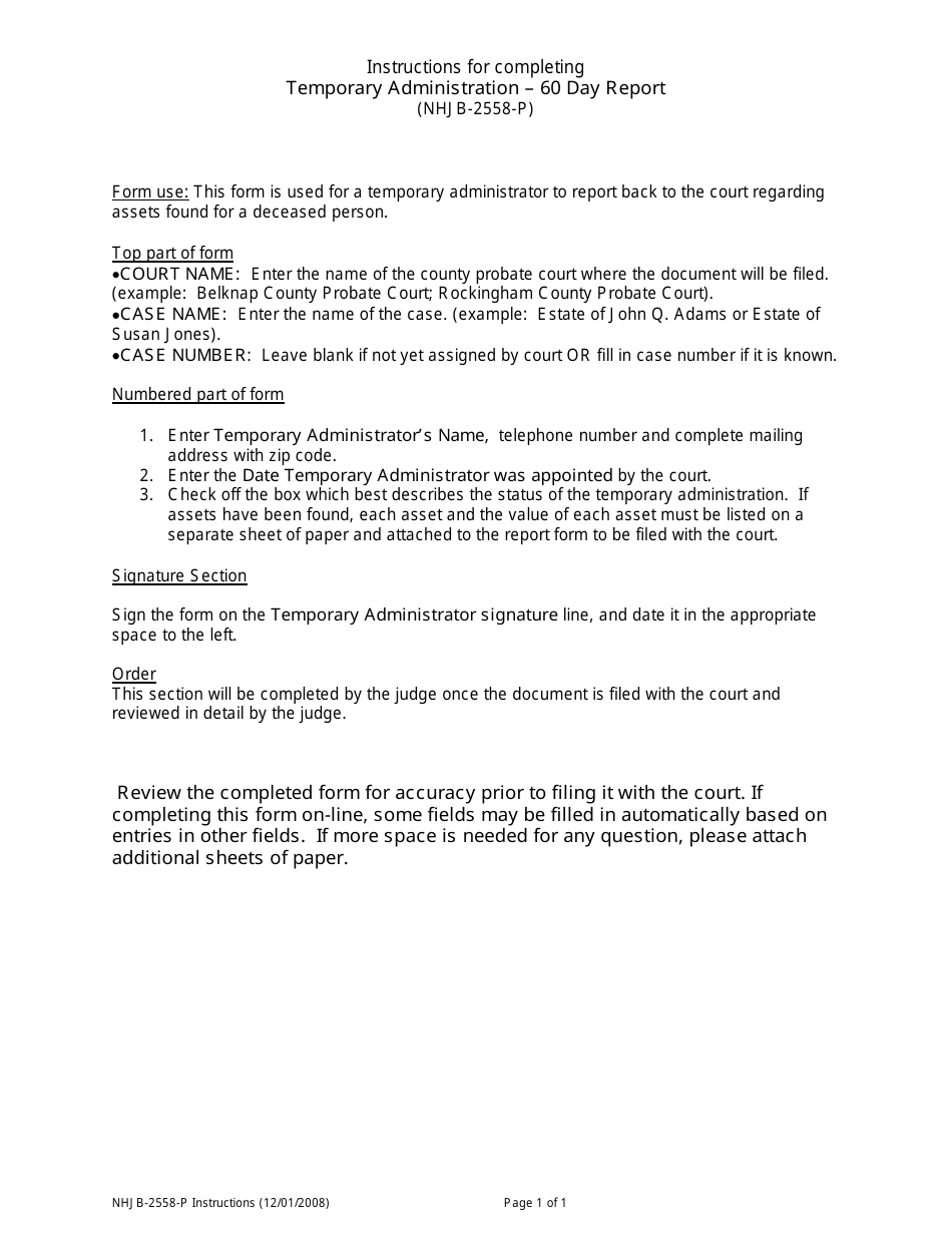 Instructions for Form NHJB-2558-P Temporary Administration - 60 Day Report - New Hampshire, Page 1