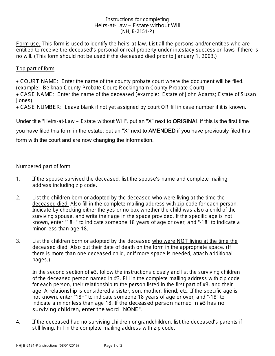 Instructions for Form NHJB-2151-P Heirs-At-Law - Estate Without Will - New Hampshire, Page 1