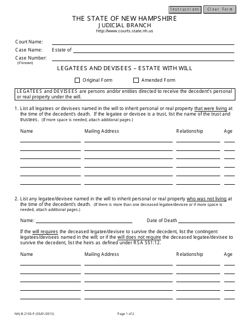 Form NHJB-2150-P Legatees and Devisees - Estate With Will - New Hampshire