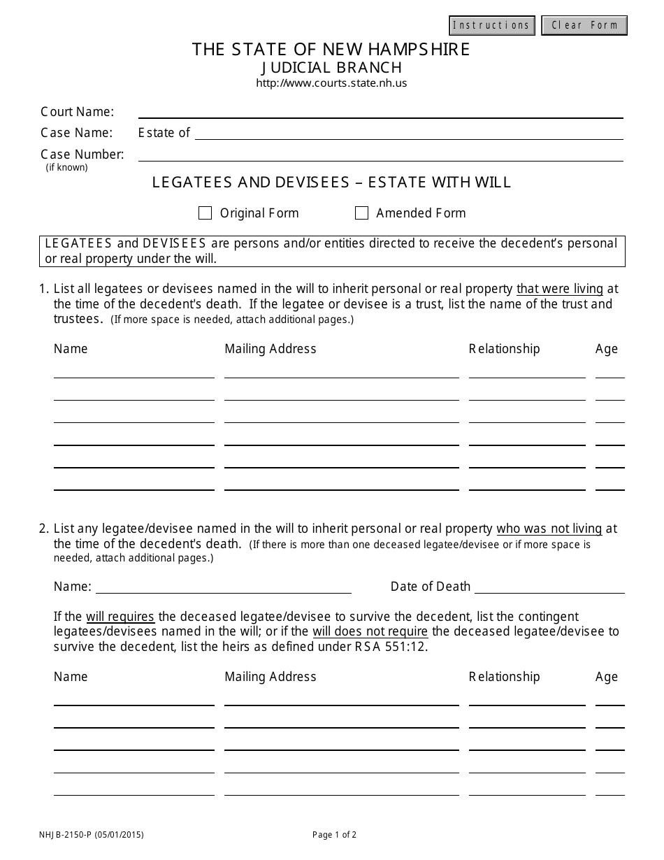 Form NHJB-2150-P Legatees and Devisees - Estate With Will - New Hampshire, Page 1