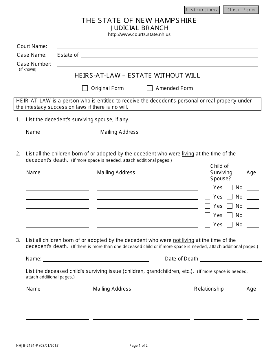 Form NHJB-2151-P Heirs-At-Law - Estate Without Will - New Hampshire, Page 1