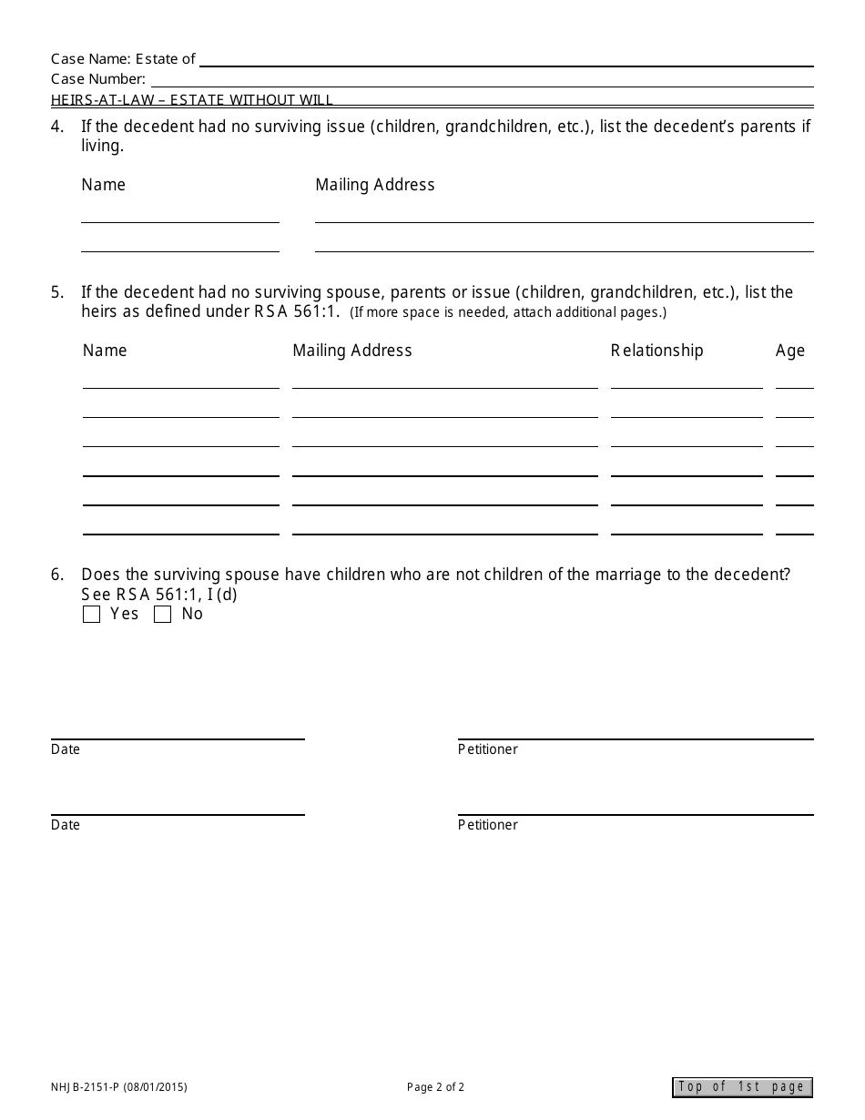 Form NHJB-2151-P Heirs-At-Law - Estate Without Will - New Hampshire, Page 2