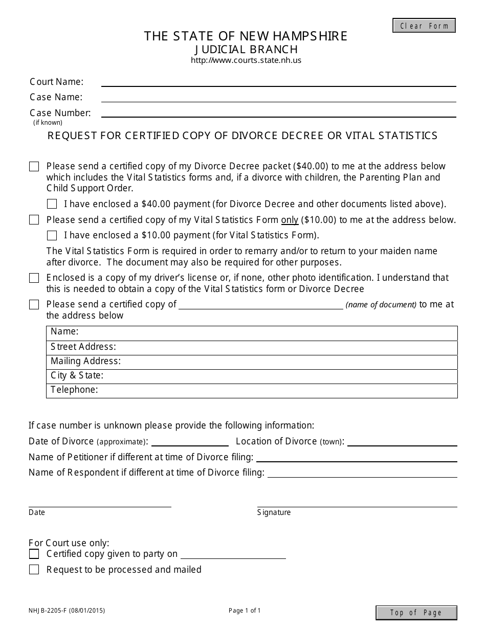 Form NHJB-2205-F Request for Certified Copy of Divorce Decree or Vital Statistics - New Hampshire, Page 1