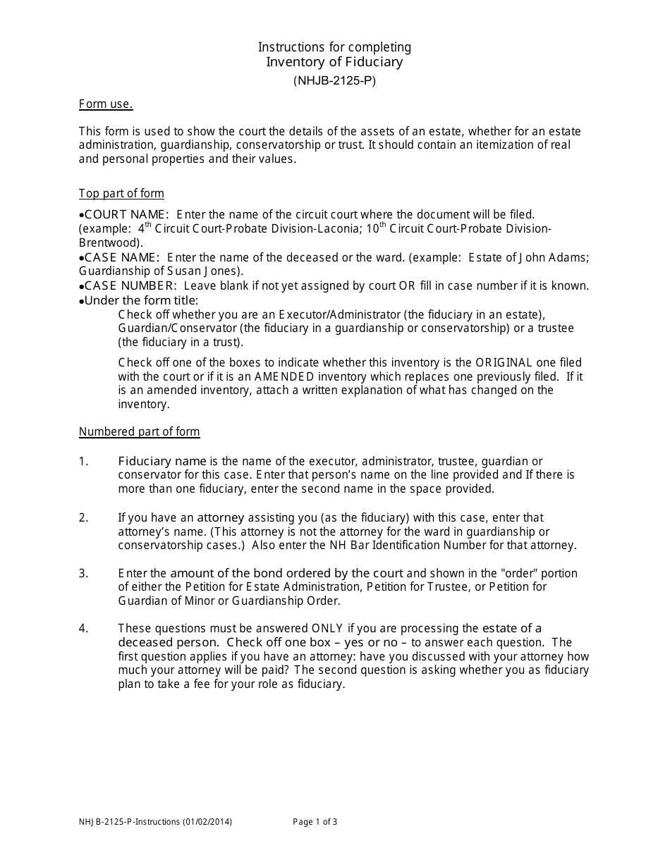 Instructions for Form NHJB-2125-P Inventory of Fiduciary - New Hampshire, Page 1