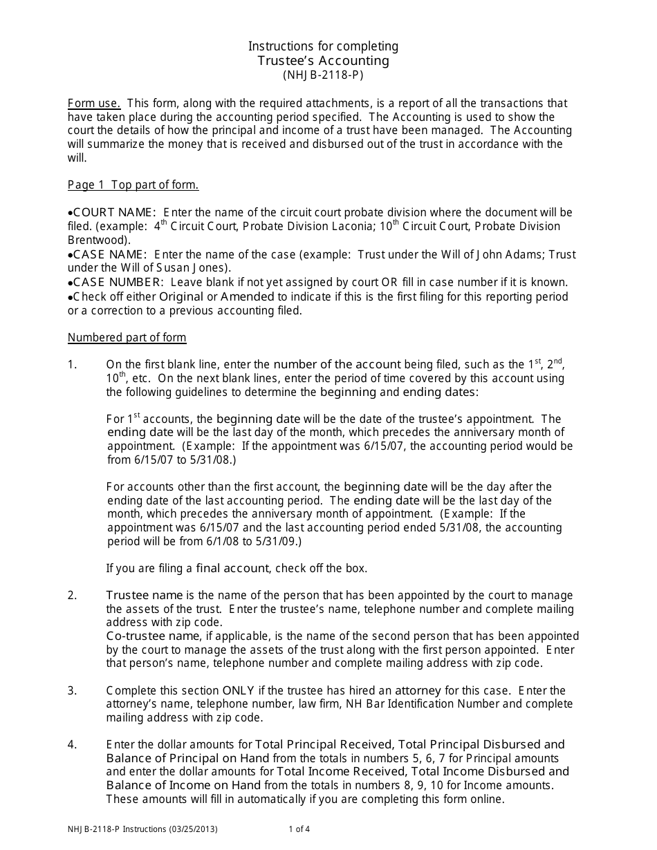 Instructions for Form NHJB-2118-P Trustees Accounting - New Hampshire, Page 1