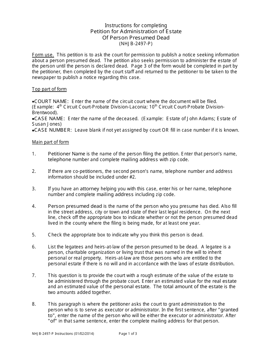 Instructions for Form NHJB-2497-P Petition for Administration of Estate of Person Presumed Dead - New Hampshire, Page 1