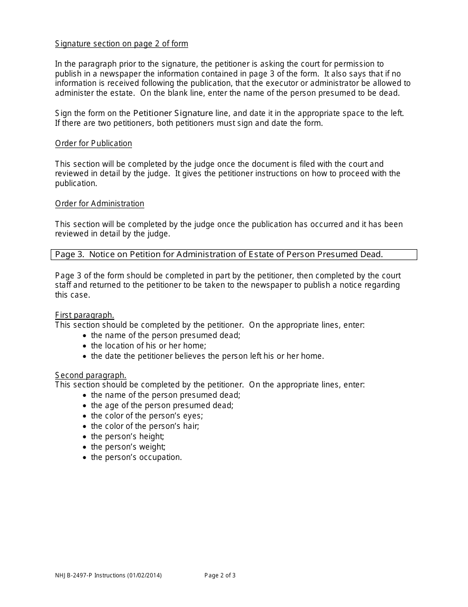 Instructions for Form NHJB-2497-P Petition for Administration of Estate of Person Presumed Dead - New Hampshire, Page 2