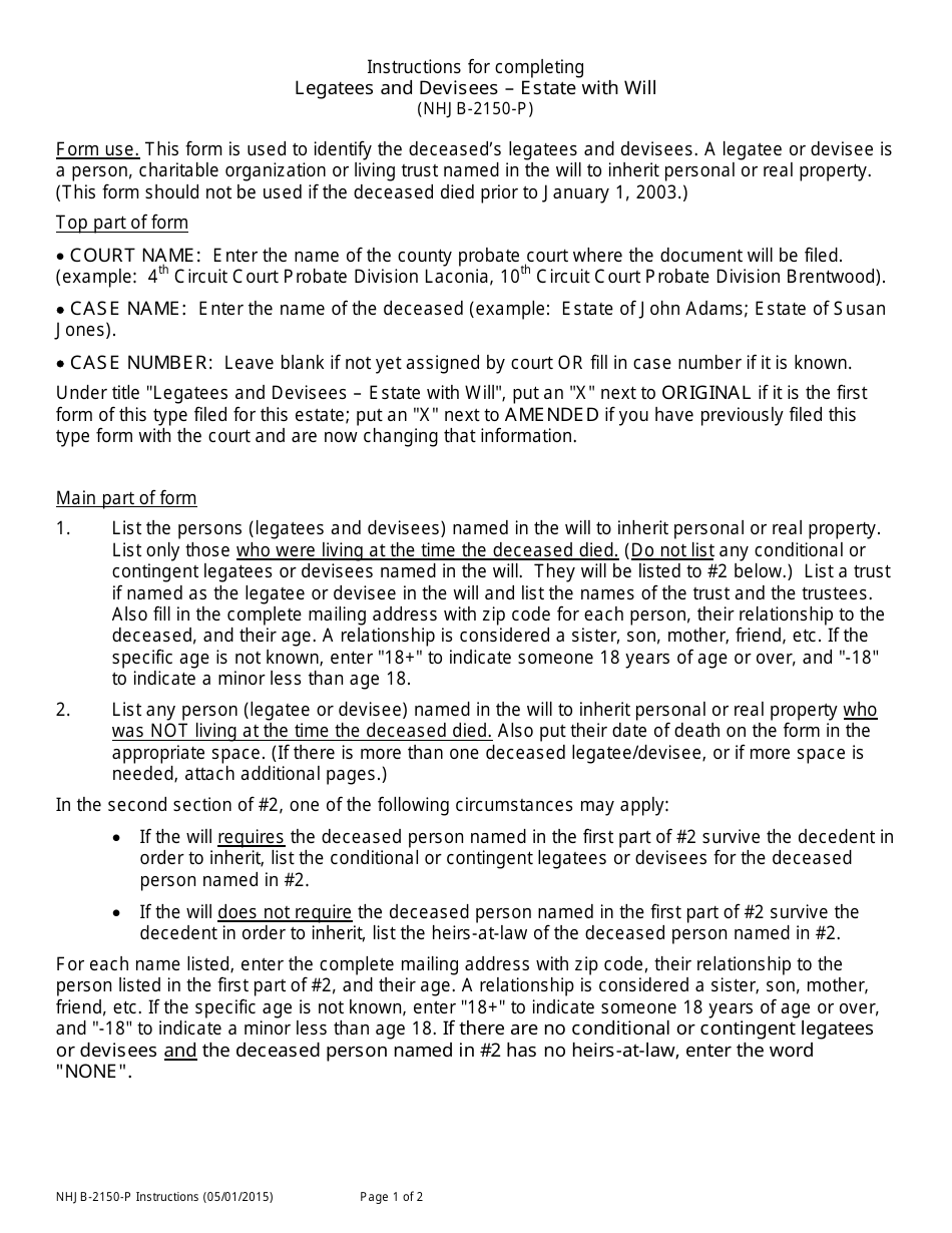 Instructions for Form NHJB-2150-P Legatees and Devisees - Estate With Will - New Hampshire, Page 1
