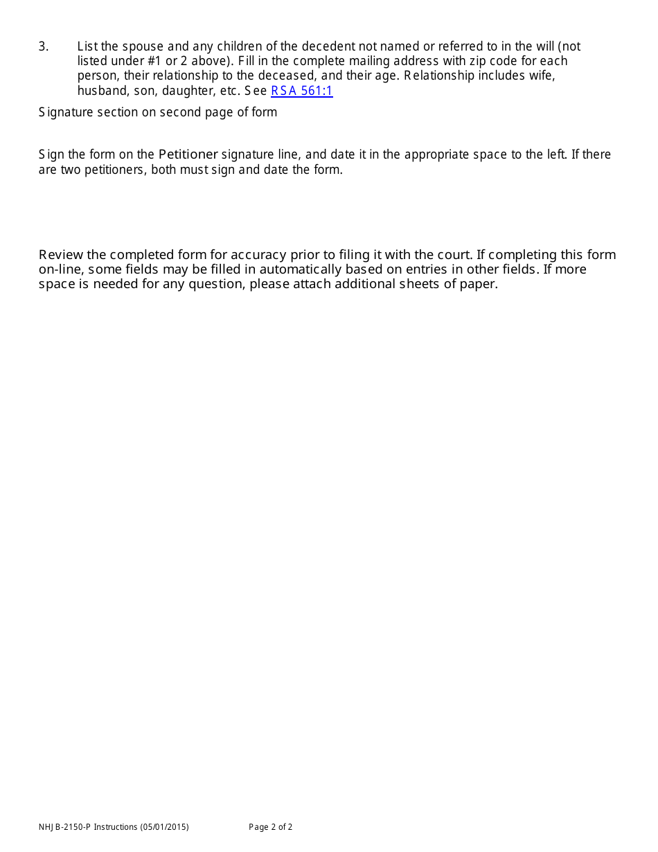 Instructions for Form NHJB-2150-P Legatees and Devisees - Estate With Will - New Hampshire, Page 2
