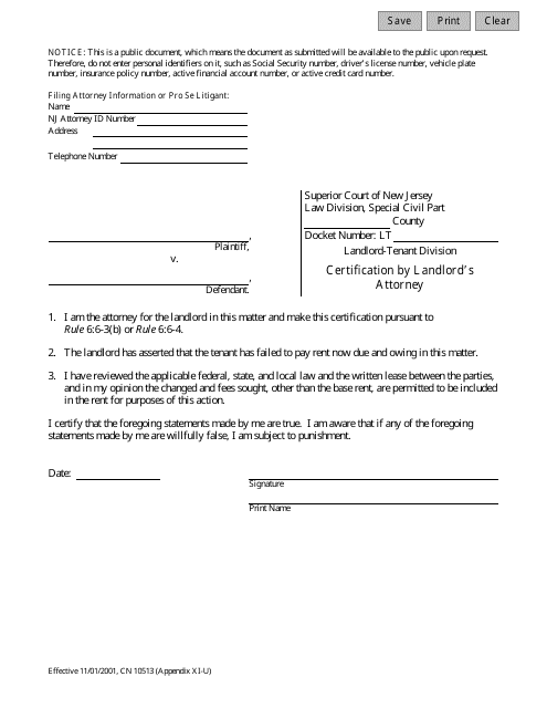 Form 10513 Appendix XI-U Certification by Landlord's Attorney - New Jersey