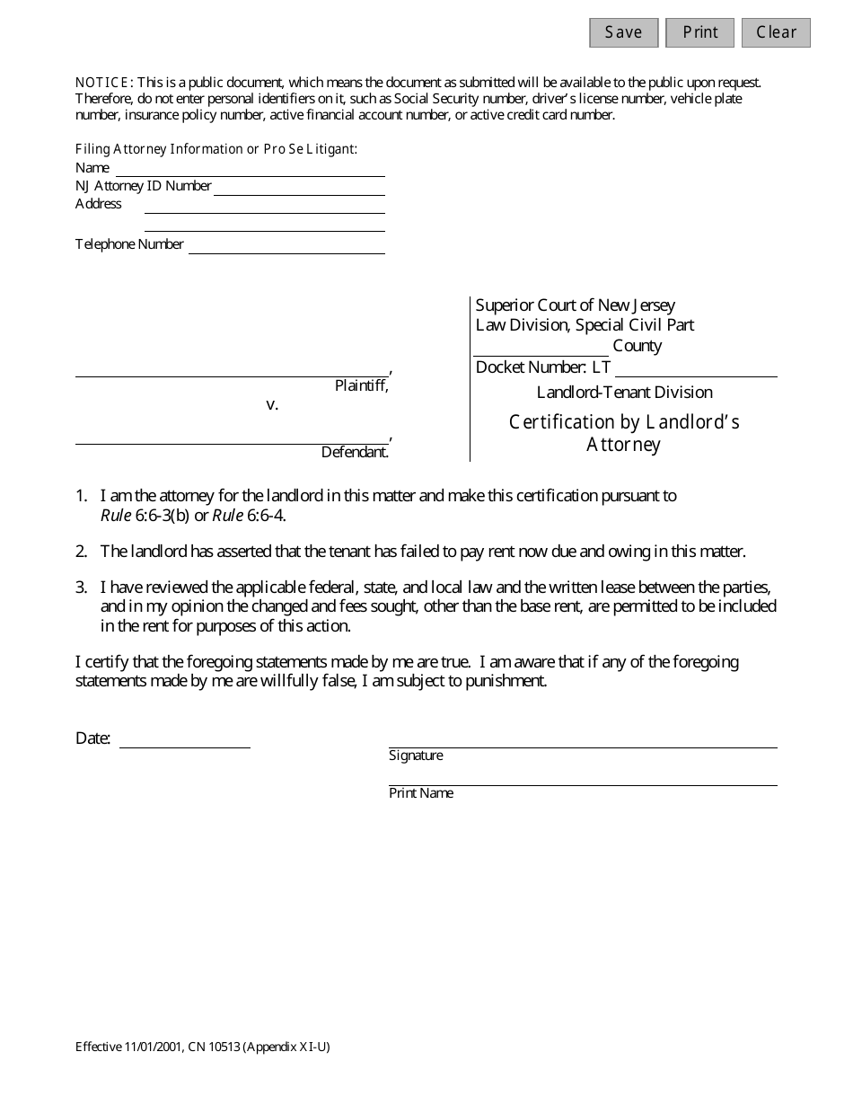 Form 10513 Appendix XI-U Certification by Landlords Attorney - New Jersey, Page 1