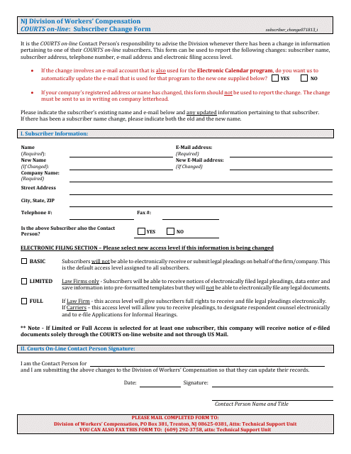 Courts on-Line Subscriber Change Form - New Jersey Download Pdf