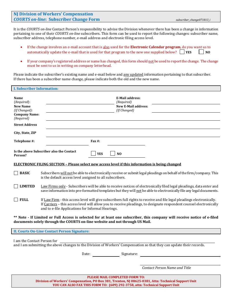 Courts on-Line Subscriber Change Form - New Jersey, Page 1