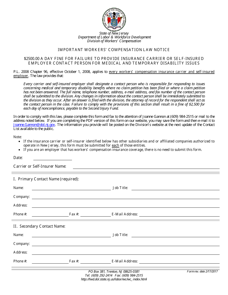 Insurance Carrier Contact Form - New Jersey, Page 1