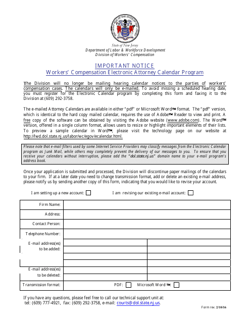 Attorney Calendar E-Mail Program Application - New Jersey Download Pdf