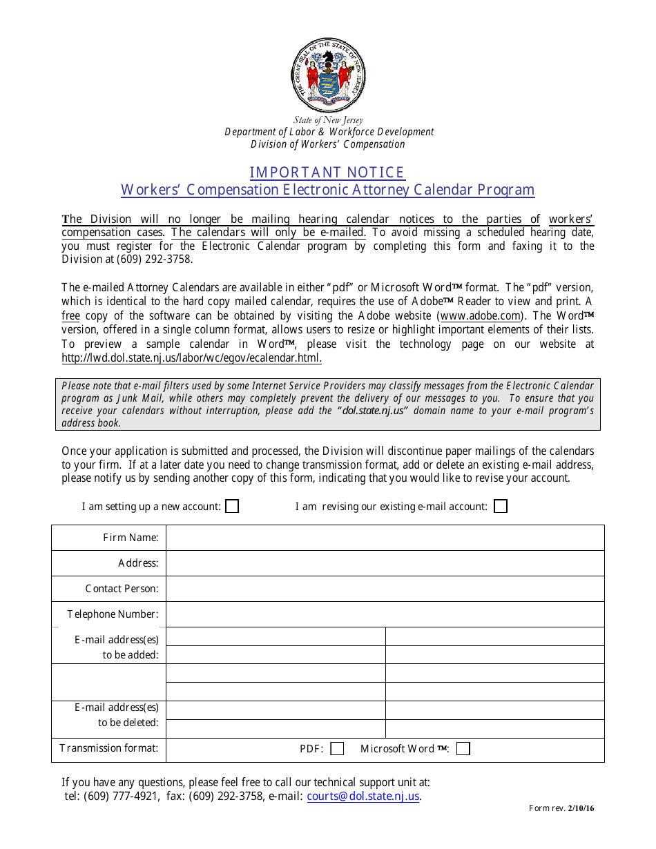 Attorney Calendar E-Mail Program Application - New Jersey, Page 1