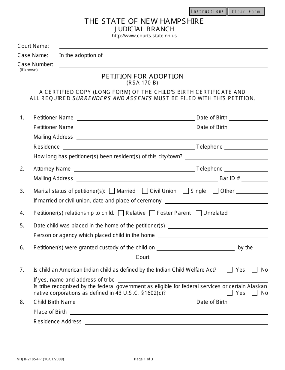 Form NHJB-2185-FP Petition for Adoption - New Hampshire, Page 1