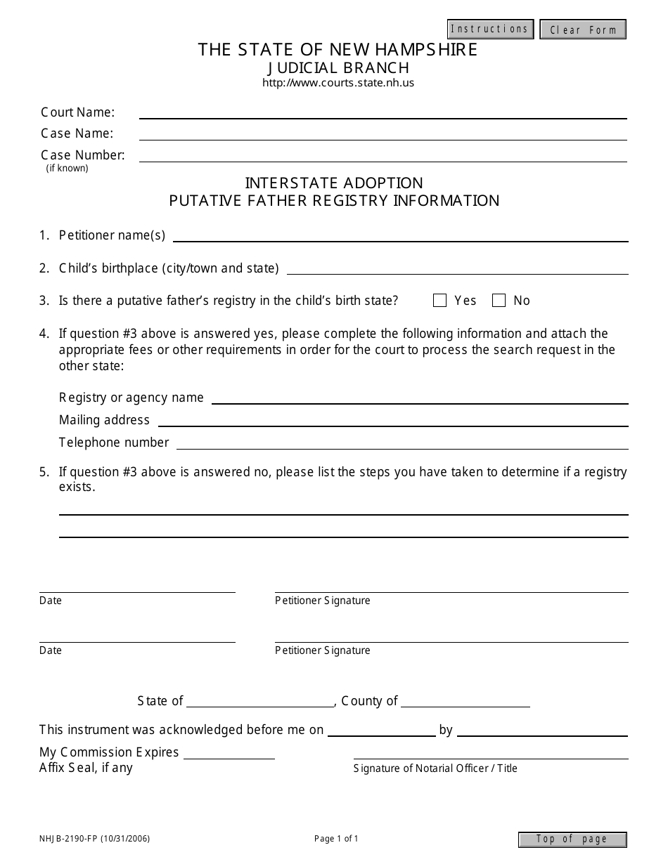 Form NHJB-2190-FP Interstate Adoption Putative Father Registry Information - New Hampshire, Page 1