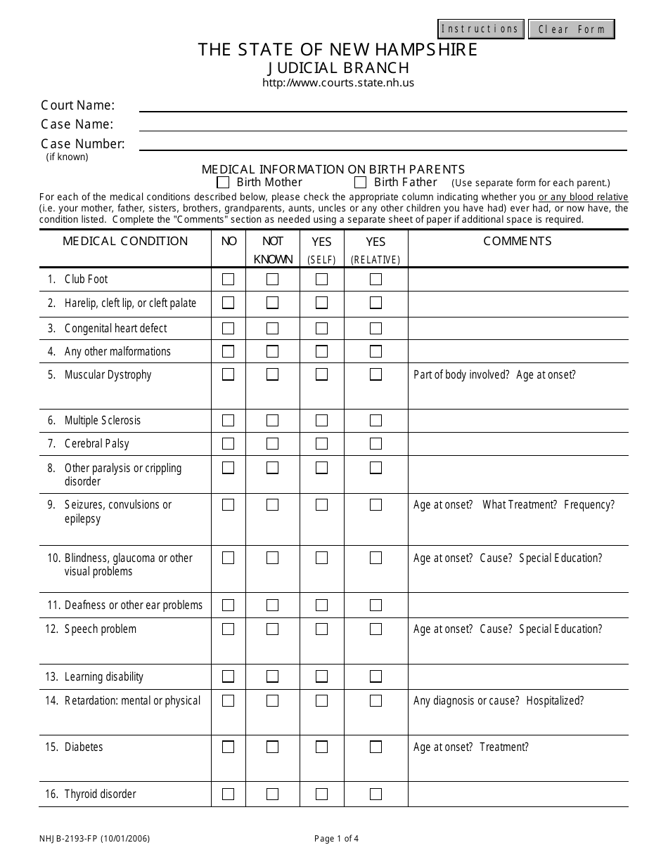 Form NHJB-2193-FP Medical Information on Birth Parents - New Hampshire, Page 1