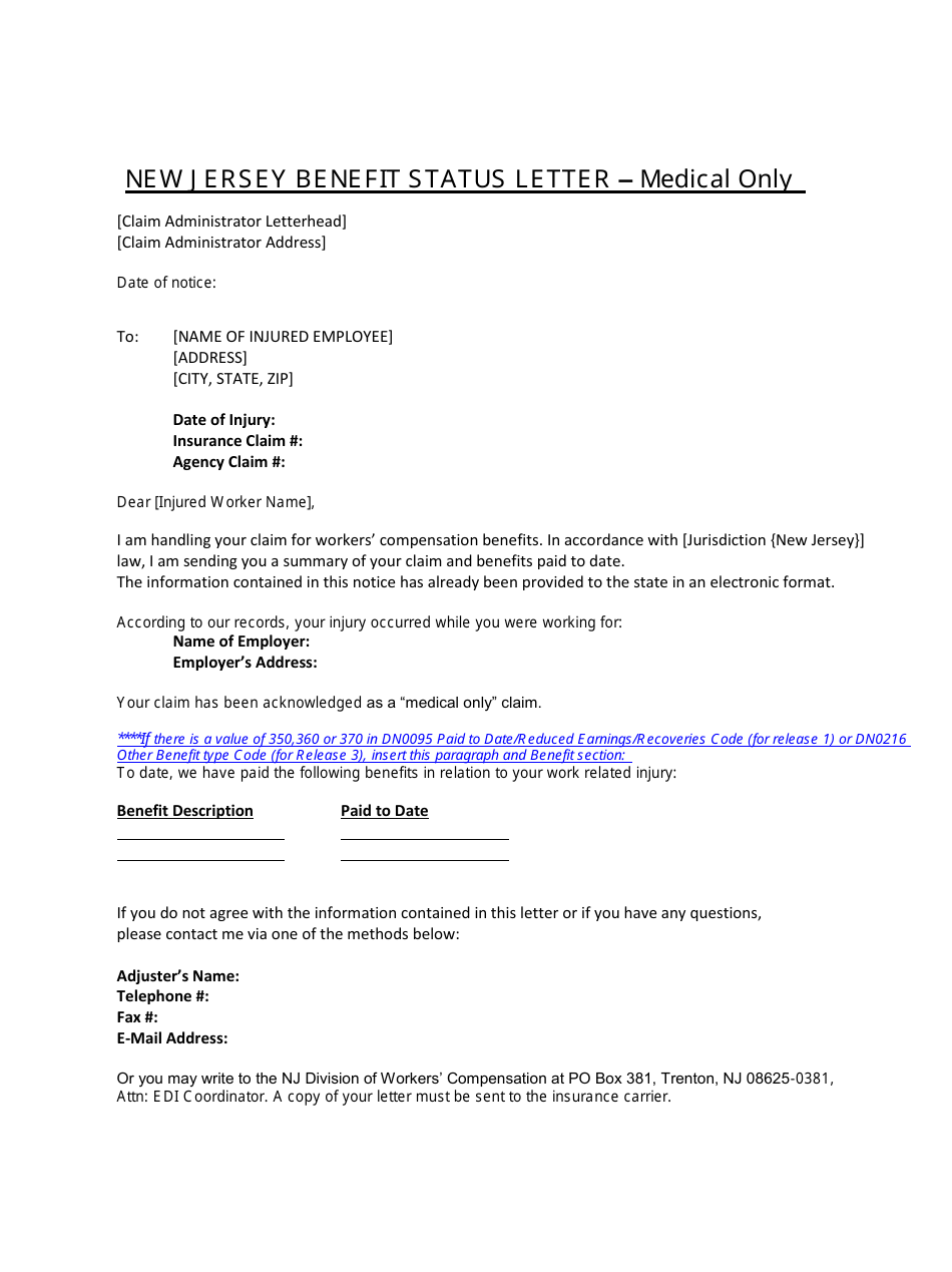 New Jersey Benefit Status Letter  Medical Only - New Jersey, Page 1