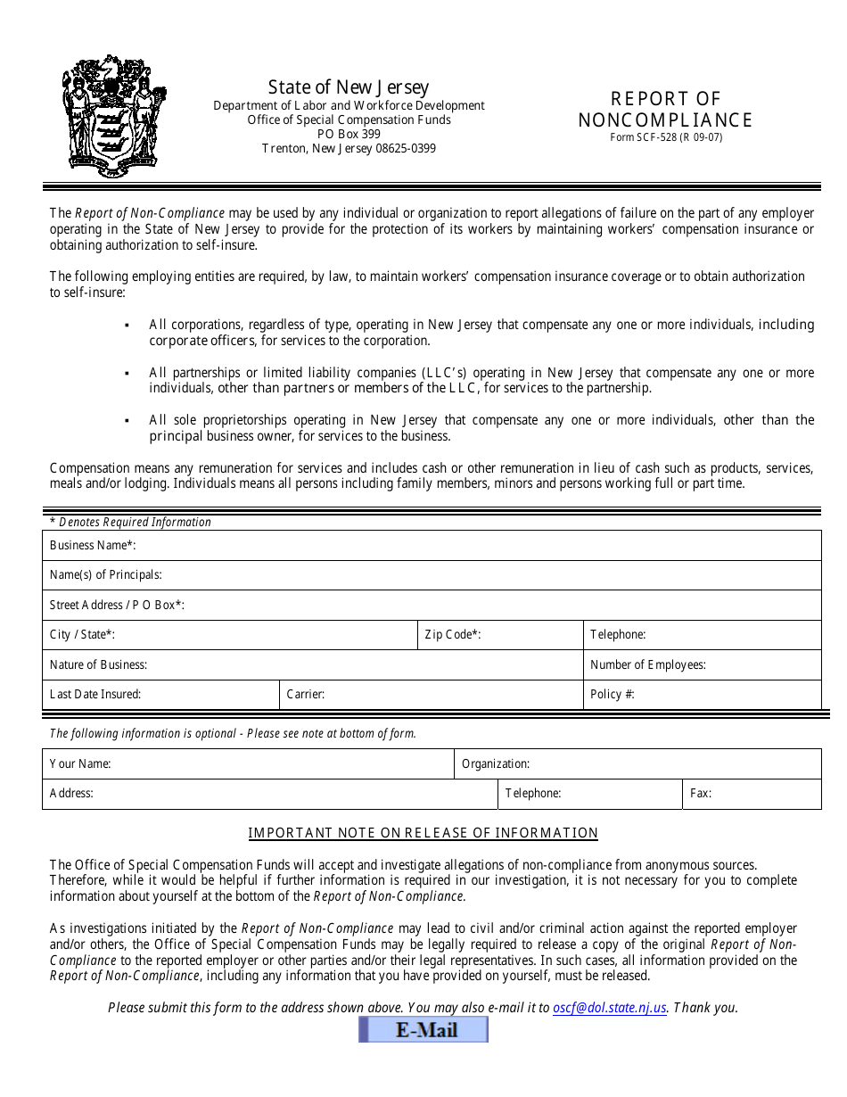 Form SCF-528 Report of Non-compliance - New Jersey, Page 1