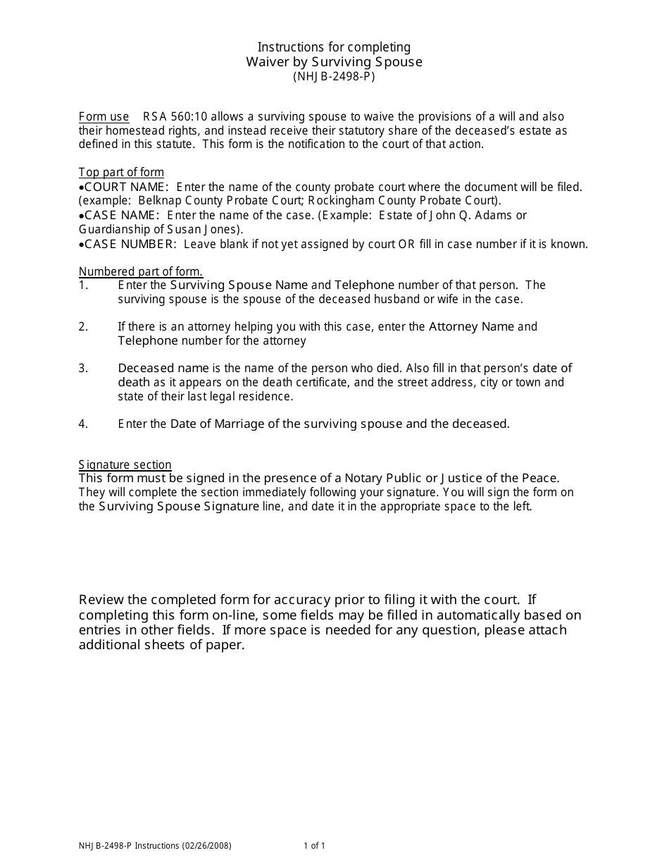 Instructions for Form NHJB-2498-P Waiver by Surviving Spouse - New Hampshire, Page 1